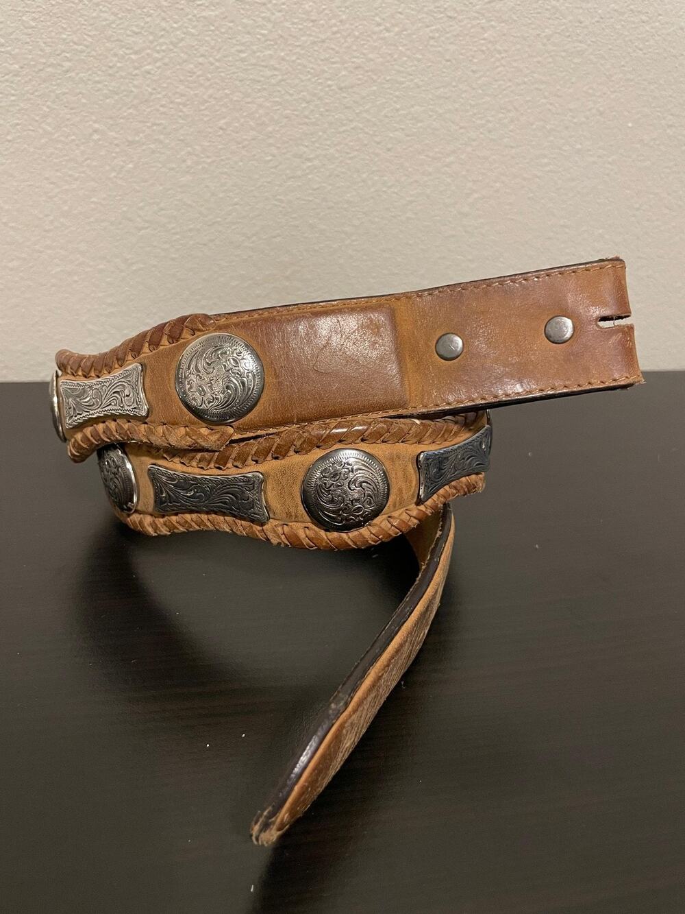 Tony Lama Belt Mens 34 Brown Leather Western Concho Braided Studded No Buckle